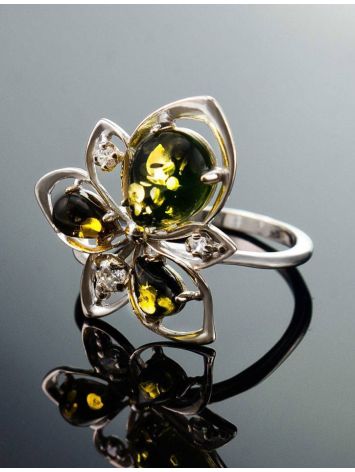 Sterling Silver Ring With Green Amber And Crystals The Edelweiss, Ring Size: 12 / 21.5, image , picture 2