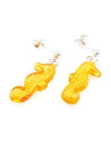 Очаровательные серьги из серебра с натуральным янтарём лимонного цвета «Морской конёк», image , picture 2