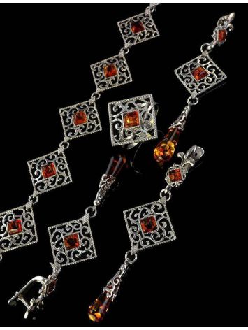 Square Sterling Silver Ring With Cognac Amber The Arabesque, Ring Size: 10 / 20, image , picture 6