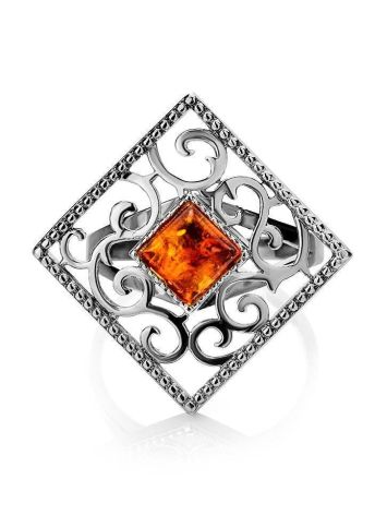 Square Sterling Silver Ring With Cognac Amber The Arabesque, Ring Size: 11 / 20.5, image , picture 3