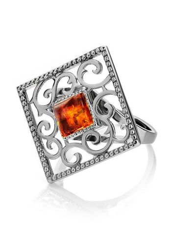 Square Sterling Silver Ring With Cognac Amber The Arabesque, Ring Size: 11 / 20.5, image , picture 5