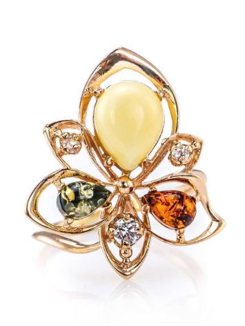 Striking Multicolor Amber Ring In Gold With Crystals The Edelweiss, Ring Size: 9 / 19, image , picture 4