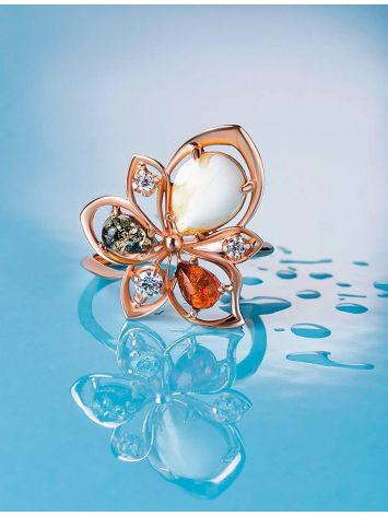 Striking Multicolor Amber Ring In Gold With Crystals The Edelweiss, Ring Size: 9 / 19, image , picture 2