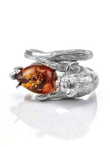Cute And Fabulous Sterling Silver Ring With Cognac Amber The Cats, Ring Size: 8 / 18, image , picture 5