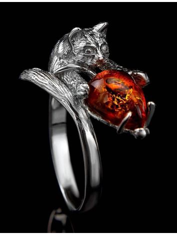 Cute And Fabulous Sterling Silver Ring With Cognac Amber The Cats, Ring Size: 8 / 18, image , picture 2