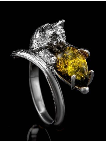 Cute And Fabulous Sterling Silver Ring With Green Amber The Cats, Ring Size: 5.5 / 16, image , picture 3