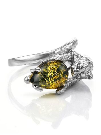 Cute And Fabulous Sterling Silver Ring With Green Amber The Cats, Ring Size: 5.5 / 16, image , picture 4