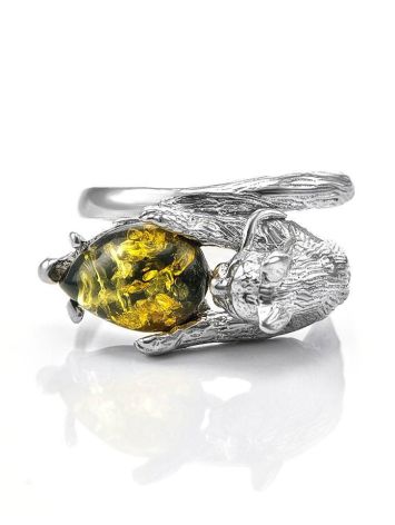 Cute And Fabulous Sterling Silver Ring With Green Amber The Cats, Ring Size: 5.5 / 16, image , picture 5