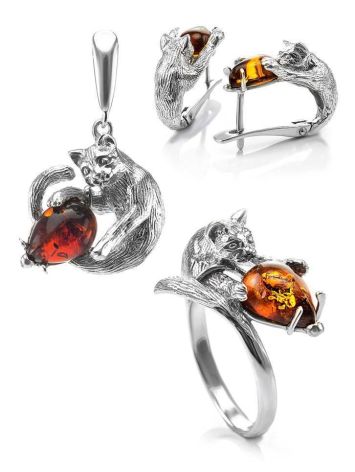 Cute And Fabulous Sterling Silver Ring With Cognac Amber The Cats, Ring Size: 8 / 18, image , picture 6