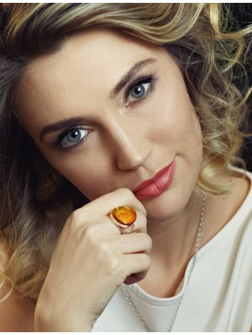Bold Cognac Amber Ring In Sterling Silver The Glow, Ring Size: Adjustable, image , picture 3