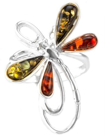 Stylish Sterling Silver Ring With Multicolor Amber The Dragonfly, Ring Size: 9.5 / 19.5, image , picture 2