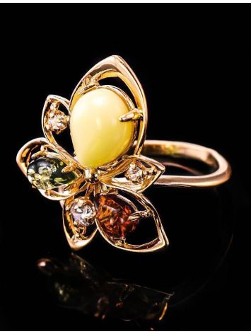 Striking Multicolor Amber Ring In Gold With Crystals The Edelweiss, Ring Size: 9 / 19, image , picture 5