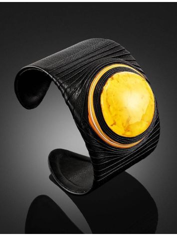 Dark Leather Cuff Bracelet With White Amber The Nefertiti, image , picture 2