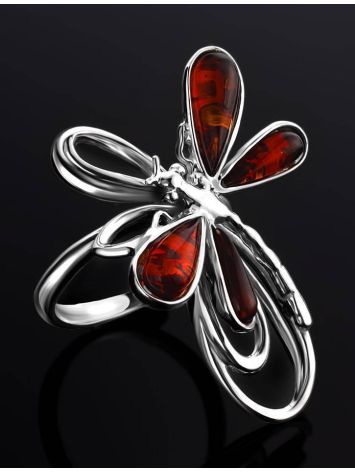 Stylish Sterling Silver Ring With Cognac Amber The Dragonfly, Ring Size: 9.5 / 19.5, image , picture 2