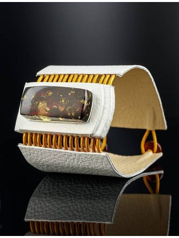 White Leather Bracelet With Green Amber The Amazon, image , picture 3