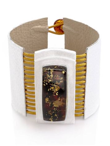 White Leather Bracelet With Green Amber The Amazon, image , picture 4