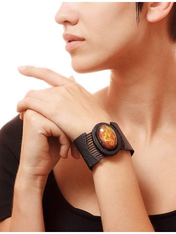 Black Leather Bracelet With Green Amber The Amazon, image , picture 2