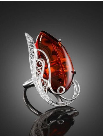 Bold Handcrafted Amber Ring In Sterling Silver The Dew, Ring Size: Adjustable, image , picture 2