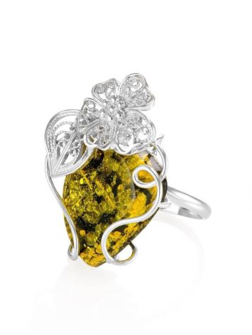 Handmade Green Amber Ring In Sterling Silver The Dew, Ring Size: Adjustable, image , picture 4