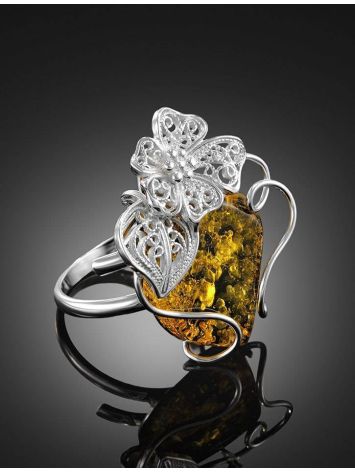 Handmade Green Amber Ring In Sterling Silver The Dew, Ring Size: Adjustable, image , picture 2