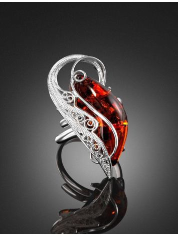 Bold Handcrafted Amber Ring In Sterling Silver The Dew, Ring Size: Adjustable, image , picture 2
