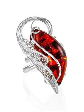 Bold Handcrafted Amber Ring In Sterling Silver The Dew, Ring Size: Adjustable, image 