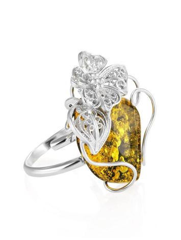 Handmade Green Amber Ring In Sterling Silver The Dew, Ring Size: Adjustable, image 