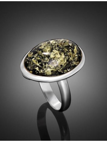 Крупное серебряное кольцо с искрящимся янтарём зелёного цвета 18.5, Ring Size: 8.5 / 18.5, image , picture 2