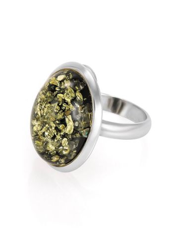 Крупное серебряное кольцо с искрящимся янтарём зелёного цвета 18.5, Ring Size: 8.5 / 18.5, image , picture 4