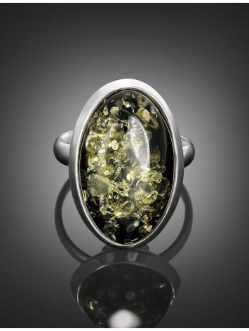 Bold Oval Silver Ring With Green Amber The Glow, Ring Size: 11.5 / 21, image , picture 2