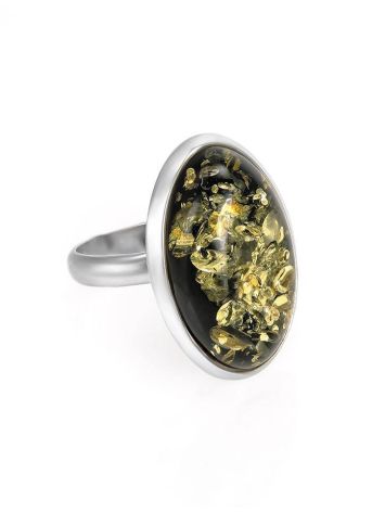Bold Oval Silver Ring With Green Amber The Glow, Ring Size: 11.5 / 21, image 