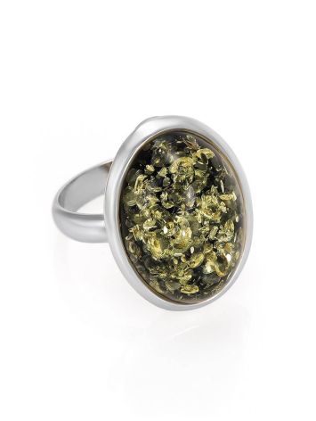 Крупное серебряное кольцо с искрящимся янтарём зелёного цвета 18.5, Ring Size: 8.5 / 18.5, image 