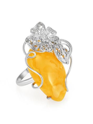 Charming Handmade Honey Amber Ring In Sterling Silver The Dew, Ring Size: Adjustable, image 