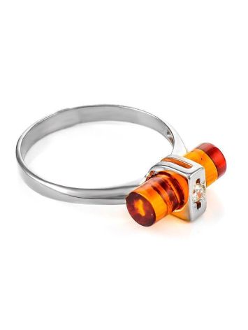 Cylindrical Cut Amber Ring In Sterling Silver With Crystal The Scandinavia, Ring Size: 9 / 19, image 
