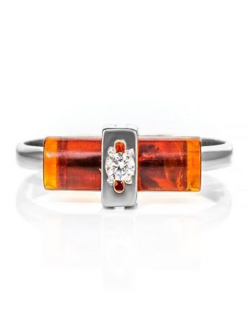 Cylindrical Cut Amber Ring In Sterling Silver With Crystal The Scandinavia, Ring Size: 9 / 19, image , picture 4