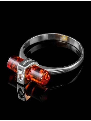 Cylindrical Cut Amber Ring In Sterling Silver With Crystal The Scandinavia, Ring Size: 9 / 19, image , picture 2