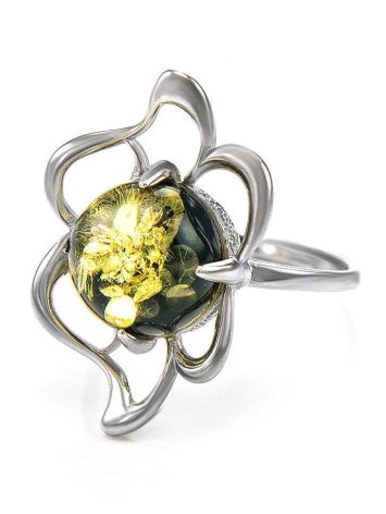 Sterling Silver Ring With Luminous Green Amber The Daisy, Ring Size: 13 / 22, image , picture 4