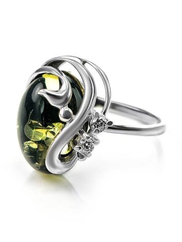 Green Amber Ring In Sterling Silver With Crystals The Swan, Ring Size: 5.5 / 16, image , picture 3