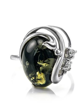 Green Amber Ring In Sterling Silver With Crystals The Swan, Ring Size: 5.5 / 16, image , picture 4