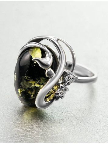 Green Amber Ring In Sterling Silver With Crystals The Swan, Ring Size: 5.5 / 16, image , picture 2
