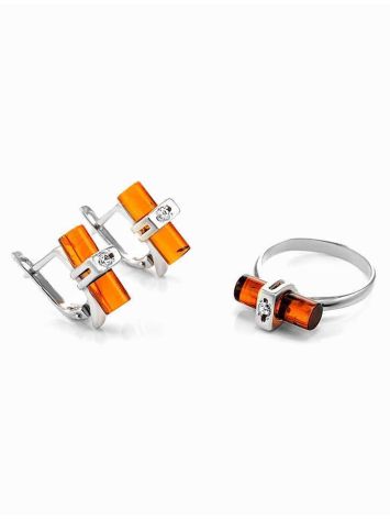 Cylindrical Cut Amber Ring In Sterling Silver With Crystal The Scandinavia, Ring Size: 13 / 22, image , picture 6