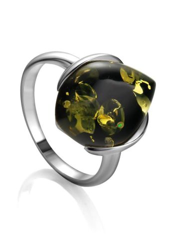 Green Amber Ring In Sterling Silver The Cat's Eye, Ring Size: 5.5 / 16, image 