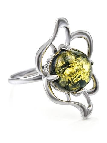 Sterling Silver Ring With Luminous Green Amber The Daisy, Ring Size: 13 / 22, image 