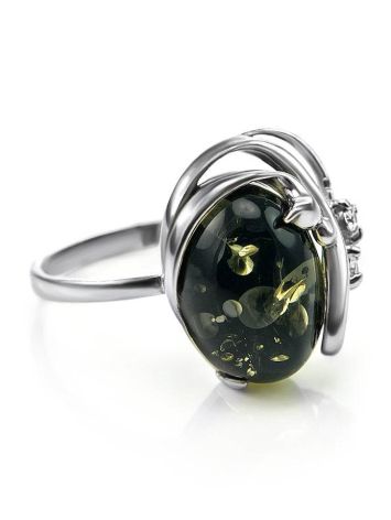 Green Amber Ring In Sterling Silver With Crystals The Swan, Ring Size: 5.5 / 16, image 