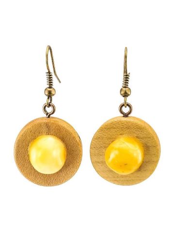 Handcrafted Fish Hook Earring With Honey Amber And Wood The Indonesia, image 