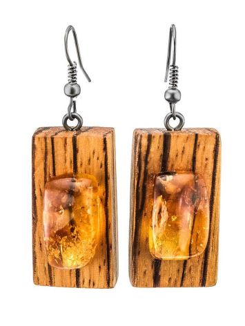Handmade Zebrano Wood Earrings With Lemon Amber The Indonesia, image 