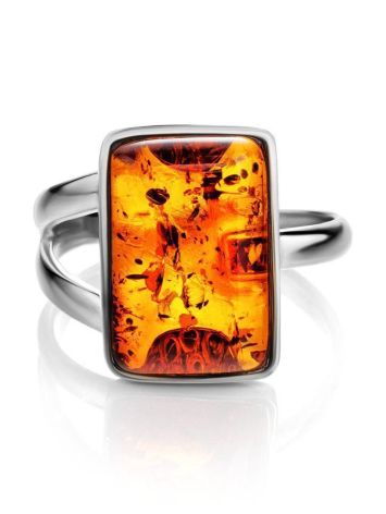 Geometric Silver Ring With Cognac Amber The Copenhagen, Ring Size: 5.5 / 16, image , picture 3