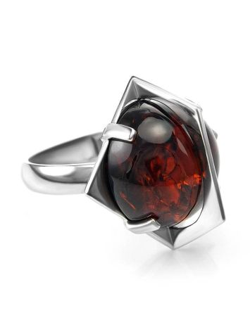 Square Silver Ring With Round Amber Stone The Saturn, Ring Size: Adjustable, image 