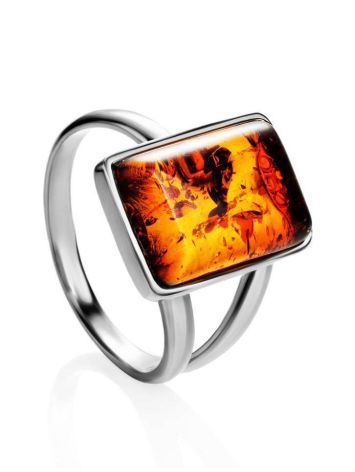 Geometric Silver Ring With Cognac Amber The Copenhagen, Ring Size: 5.5 / 16, image 