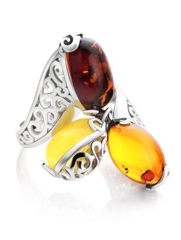 Multicolor Amber Ring In Sterling Silver With Dangle Bead The Casablanca, Ring Size: 6 / 16.5, image , picture 3